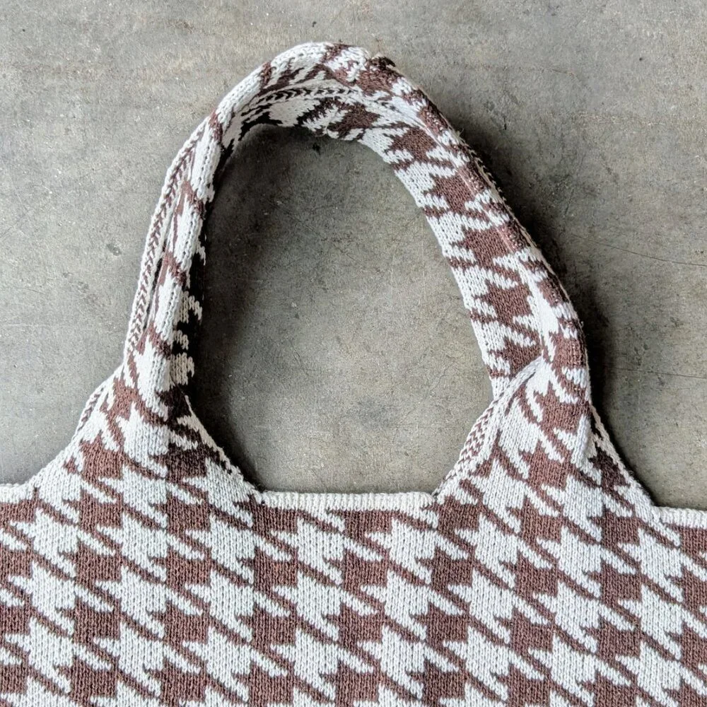 Anthropologie Printed Knit Tote Bag Brown Knit Houndstooth